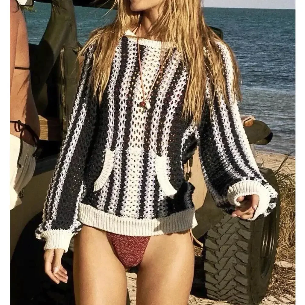Free People Blue and White Crochet Stripe Sweater - Picture 1 of 12